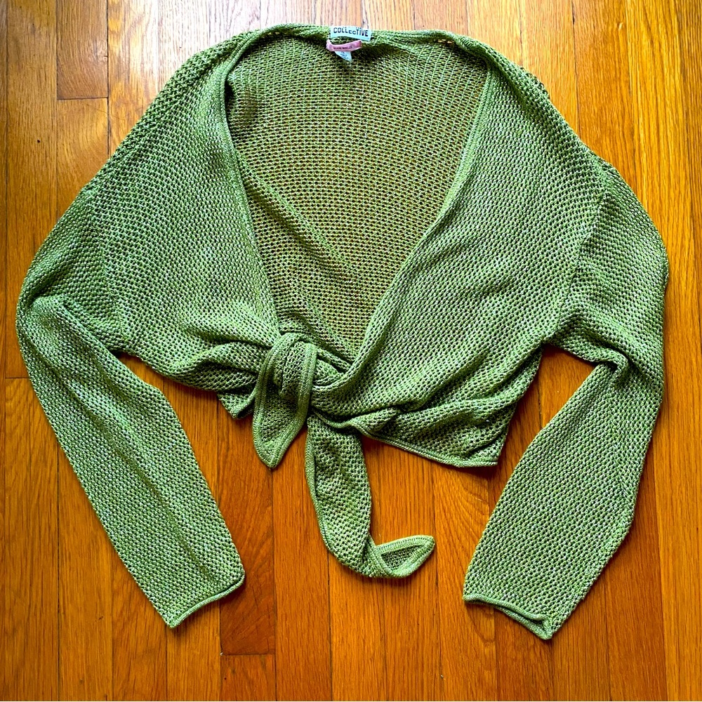 Future collective green metallic knit tie front top